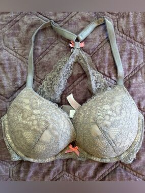 Victoria's Secret Lace Racerback Bra in Taupe with Pink Accents